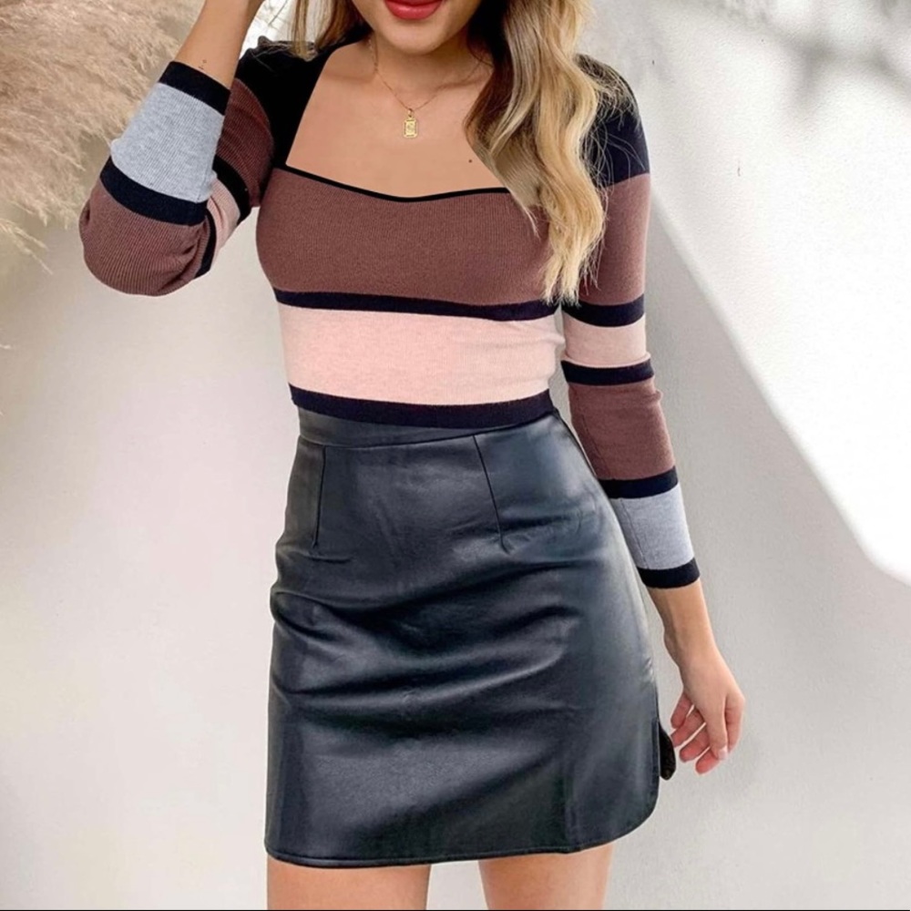 Square Neck Knit Long Sleeve Striped Sweater